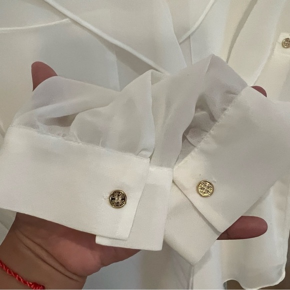 Calvin Klein Sz S Ivory Blouse Layered Sheer Rolled up Sleeve Top Career work - Picture 10 of 11